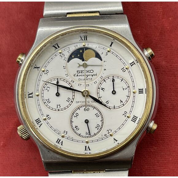 Vintage Seiko Sports 100 Moon Phase Chronograph Two Tone Quartz Watch 7a48 7009 - Picture 3 of 10